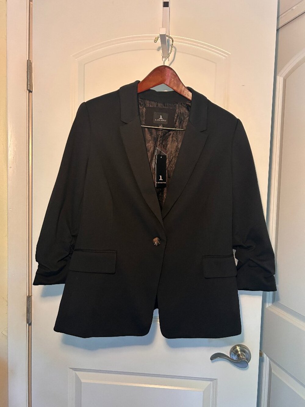 NWT Jules & Leopold Black Blazer Ruched 3/4 Sleeve Single Button Lined Size L